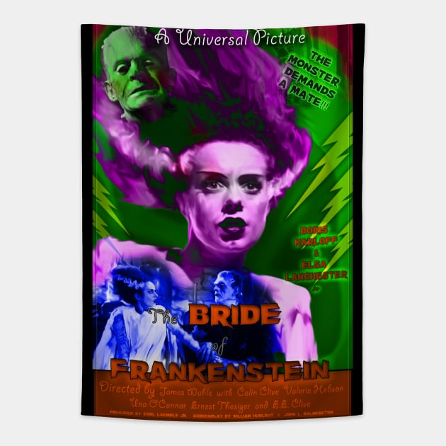 The Bride of Frankenstein Faux Retro Movie Poster Tapestry by xenomorphicpress