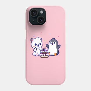 Cute Polar Bear And Penguin With Birthday Cake Cartoon Phone Case