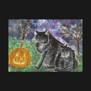 Halloween black cats Pumpkin Jack o lantern watercolor painting T-Shirt