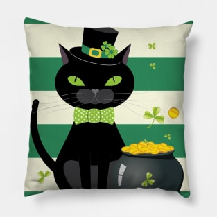 Black cat with shamrock Pillow