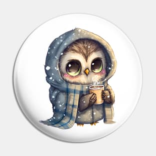Chibi Owl Drinking Hot Chocolate Cute Baby Christmas Scarf Beanie Pin