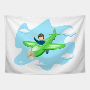 Pilot boy flying on an airplane Tapestry