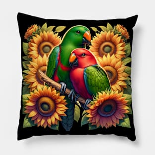 Eclectus Parrots Couple Male and Female with Sunflowers Pillow