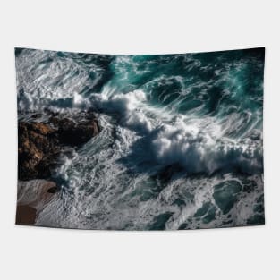 Rough sea waves white and rocks Tapestry