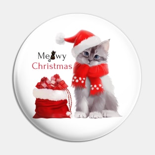 Kitten in Santa Claus costume with a bag of gifts Pin