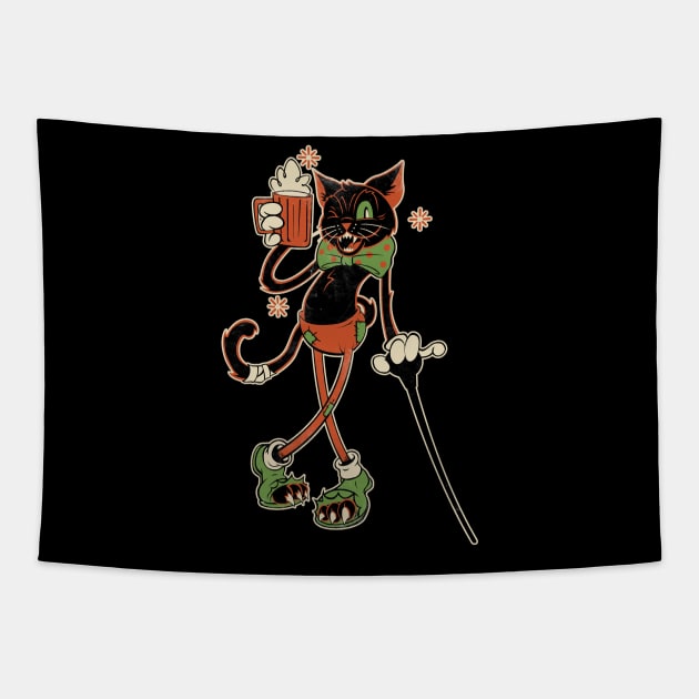 Drunk Halloween Cat Tapestry by BrianBrainStudio