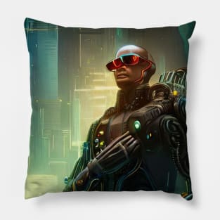 Cyborg on the background of a sci-fi city Pillow