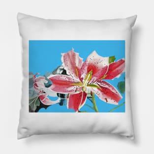 Red Oriental Lily lillies Art Floral Watercolor Painting Blue Pillow