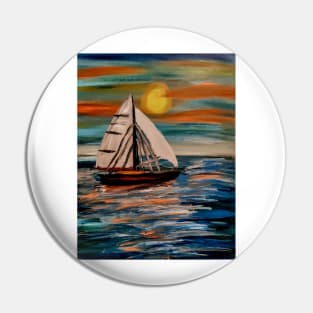 Sailing ship in the open ocean at sunset Pin