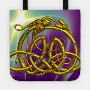 GOLD HYPER DRAGON IN PURPLE TEAL BLUE WAVES Tote