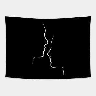 Two Faces Minimalist Line Art Drawing - Face to Face Tapestry