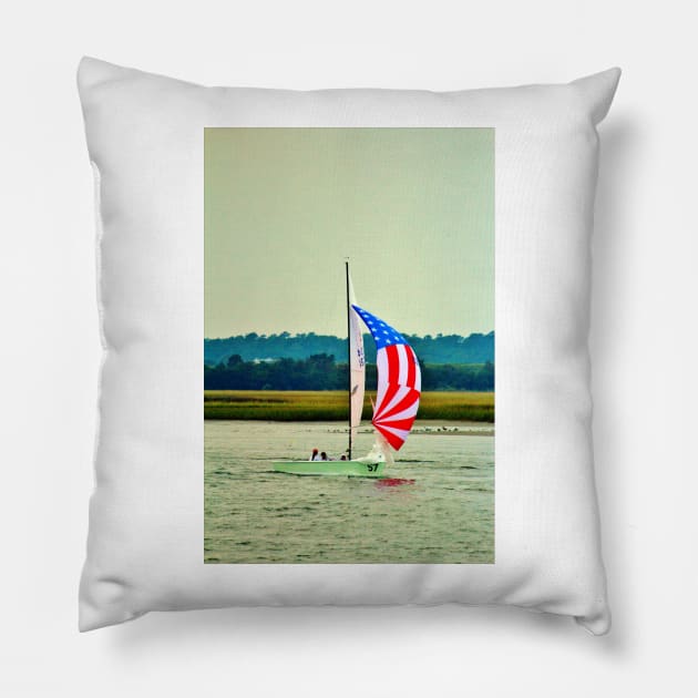 US Flag Sailboat Pillow by Cynthia48