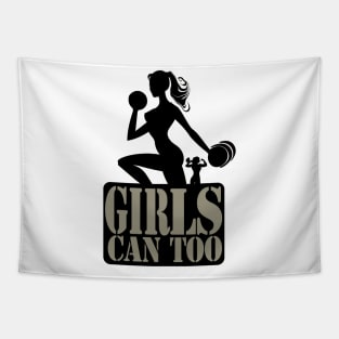 gym girls silhouettes and the quote 'Girls can too' Tapestry