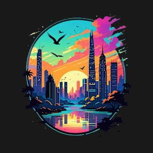 city skyline with vibrant sunset background T-Shirt