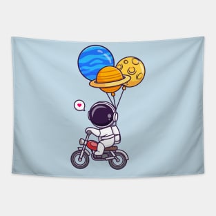 Cute Astronaut Riding Motorcycle With Planet Balloon Cartoon Tapestry