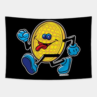 Happy Smiling Waffle Mascot strutting with Blueberries Tapestry