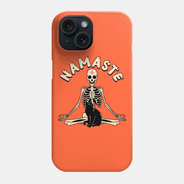 Yoga Namaste Black Cat in orange Phone Case by The Charcoal Cat Co.