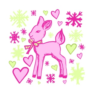 Fawn with Hearts and Snowflakes, Pink and Green T-Shirt