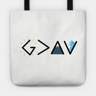 God is greater than the highs and the lows from Romans 8:28, black text Tote