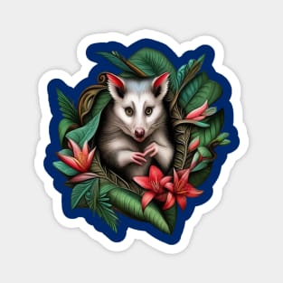 North American Opossum Surrounded By Carolina Lily Tattoo Art Magnet