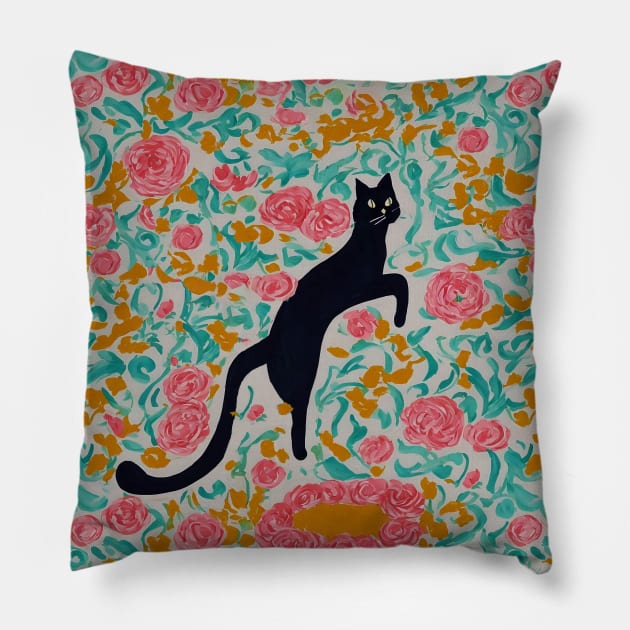 black cat jumping into peonies Pillow by JJLosh