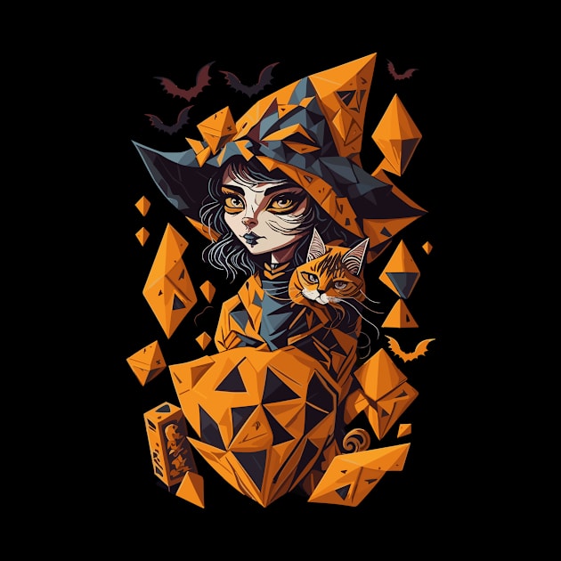 Geometric Halloween Witch with Cat by Luvleigh