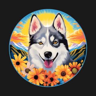 Husky Mountain Flower Cute Colorful Puppy Dog T-Shirt