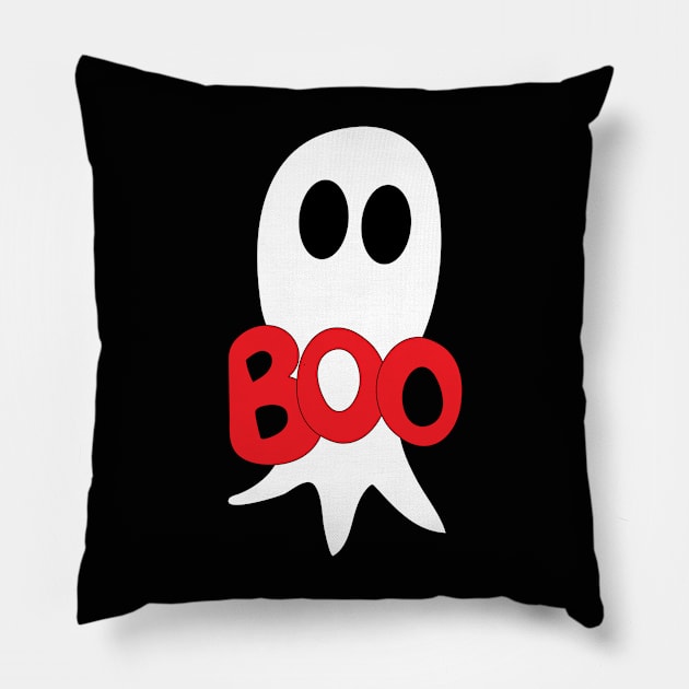 Cute Halloween ghost cartoon with BOO text Pillow by Angel Dawn Design