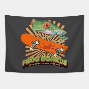 cute and funny red eyed tree frog riding a skateboard having a jumpy bumpy good time tee Tapestry
