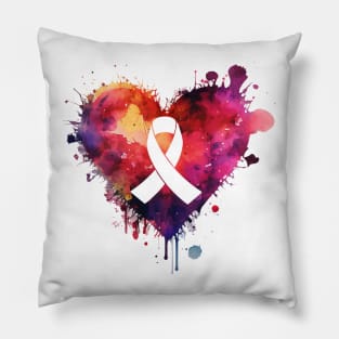 Ribbon in Center of Bold Colorful Heart - Cancer - Digital Watercolor Graphic Design Pillow