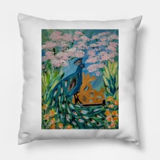 A peacock sitting on a gate in n a garden with flowers and cherry blossoms around it . Pillow