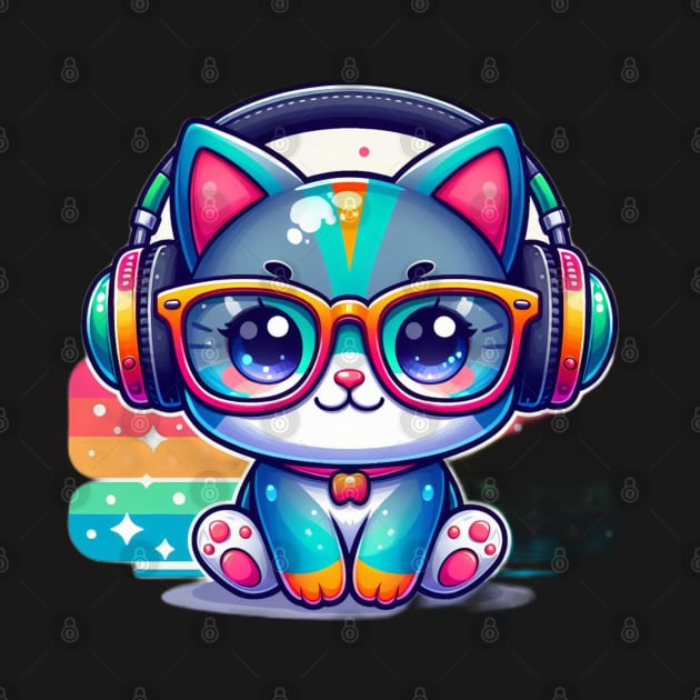 Cute Colorful Cat with glasses and headphone by Divineshopy