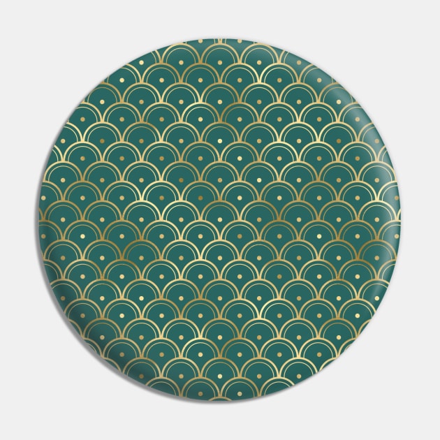 Teal and Gold Vintage Art Deco Dotted Scales Pattern Pin by podartist