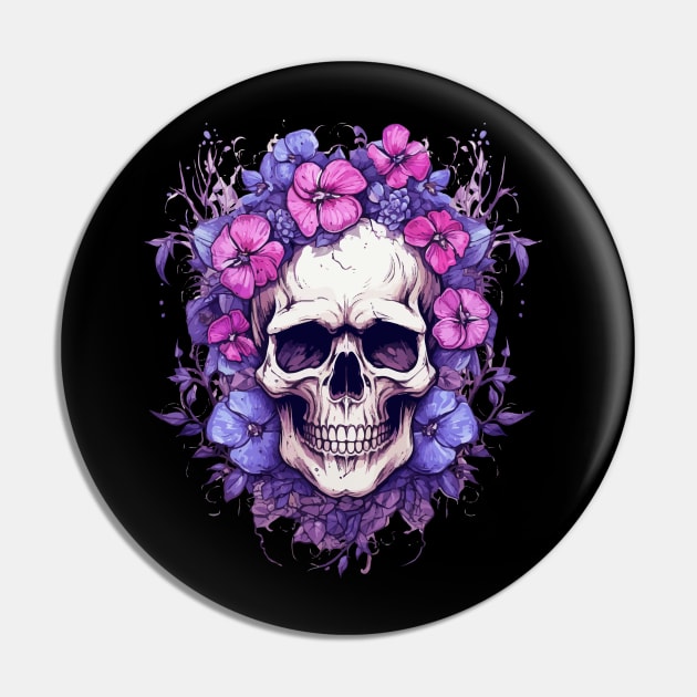 Skull and Purple Flowers Pin by VelvetRoom