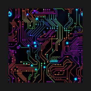 Cybernetic Dreams: Vibrant Neon Circuitry Abstract Design T-Shirt