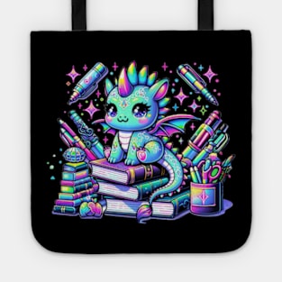 Kawaii Holographic Baby Dragon on Books Chibi Anime Tote