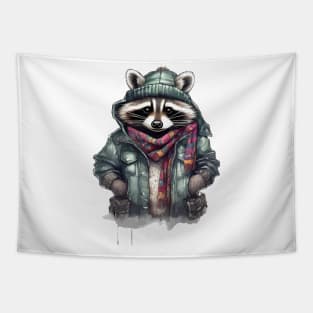 Raccoon wearing a leather jacket and hat Tapestry