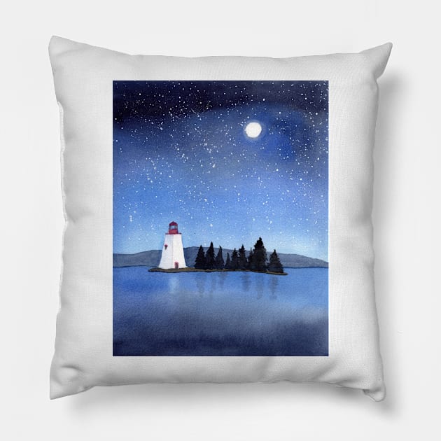 Lighthouse under a Star Sky Pillow by Sandraartist