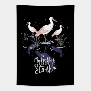 Stork Humor: 'My Feather Keeps Me Stork' Tapestry