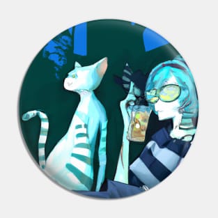 Blue Haired Girl Enjoys Tea and Tunes With Her Cat Friend Pin