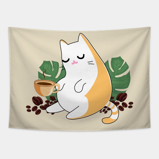 Ginger persian orange cute cat drinking coffee surrounded by leaves and beans of coffee Tapestry by WorldOfMine