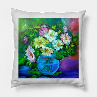 Daisies in Blue Glass Pillow