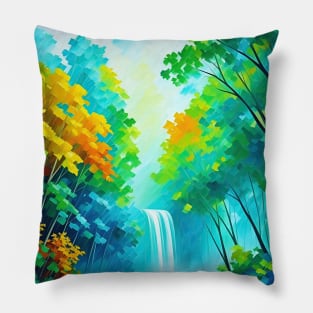 Waterfall In The Forest Watercolor Style - Ai Art Pillow