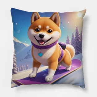 Cute Snowboarding Shiba Inu Dog Pillow