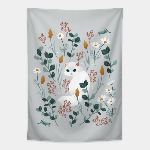 Cat in the meadow Tapestry by Freeminds