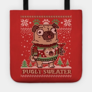 Pugly Christmas Sweater Pug T shirt Merry Pugmas Dog Lover Tote