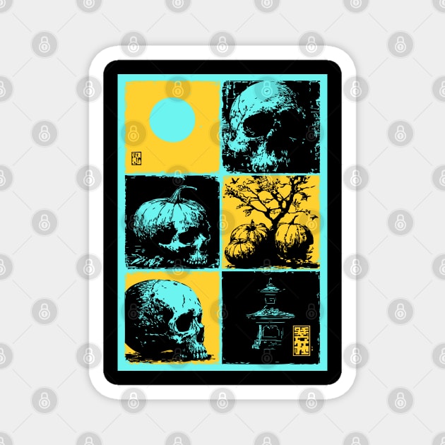 Retro Synthwave Halloween - Ukiyo-e Skull and Pumpkin Magnet by TuncGK