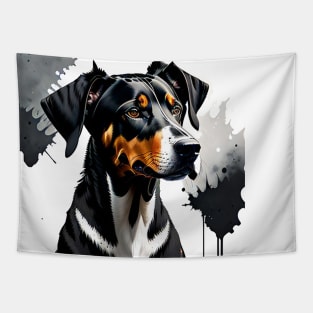 Ink-Splattered Excellence: Natural Ear Doberman Portrait Tapestry