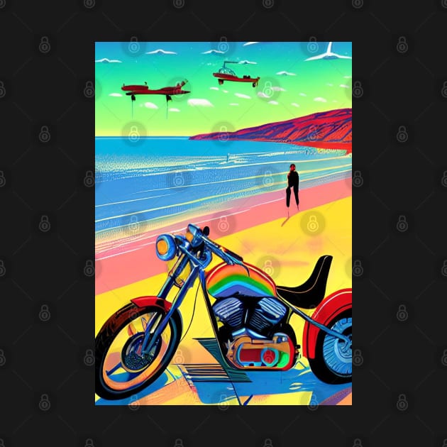 HIP GIRL ON BEACH WITH MOTORCYCLE RETRO by sailorsam1805