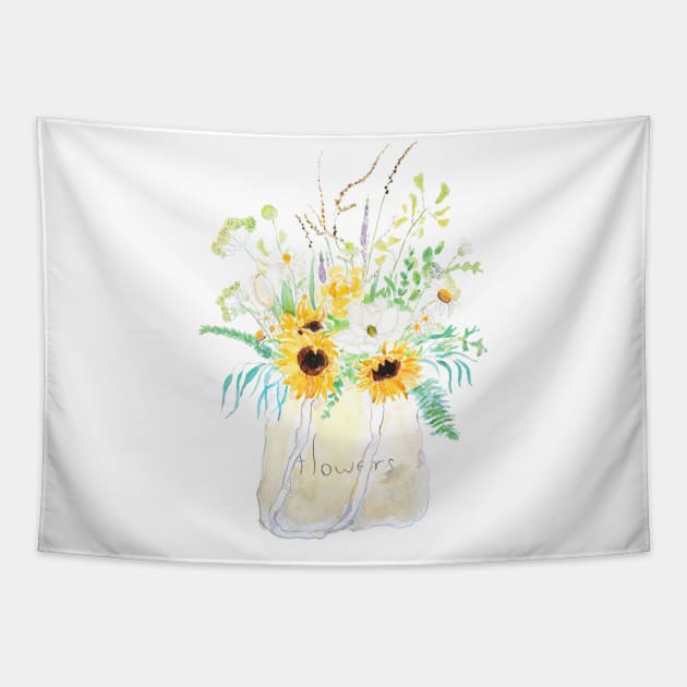 flowers bouquet in a  tote  watercolor painting Tapestry by colorandcolor